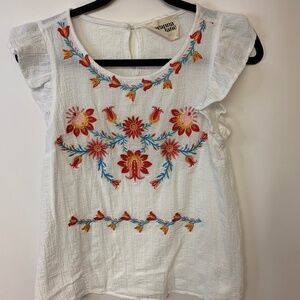 Bohemian Embroidered Festival Country Floral White Blouse Womens SZ S